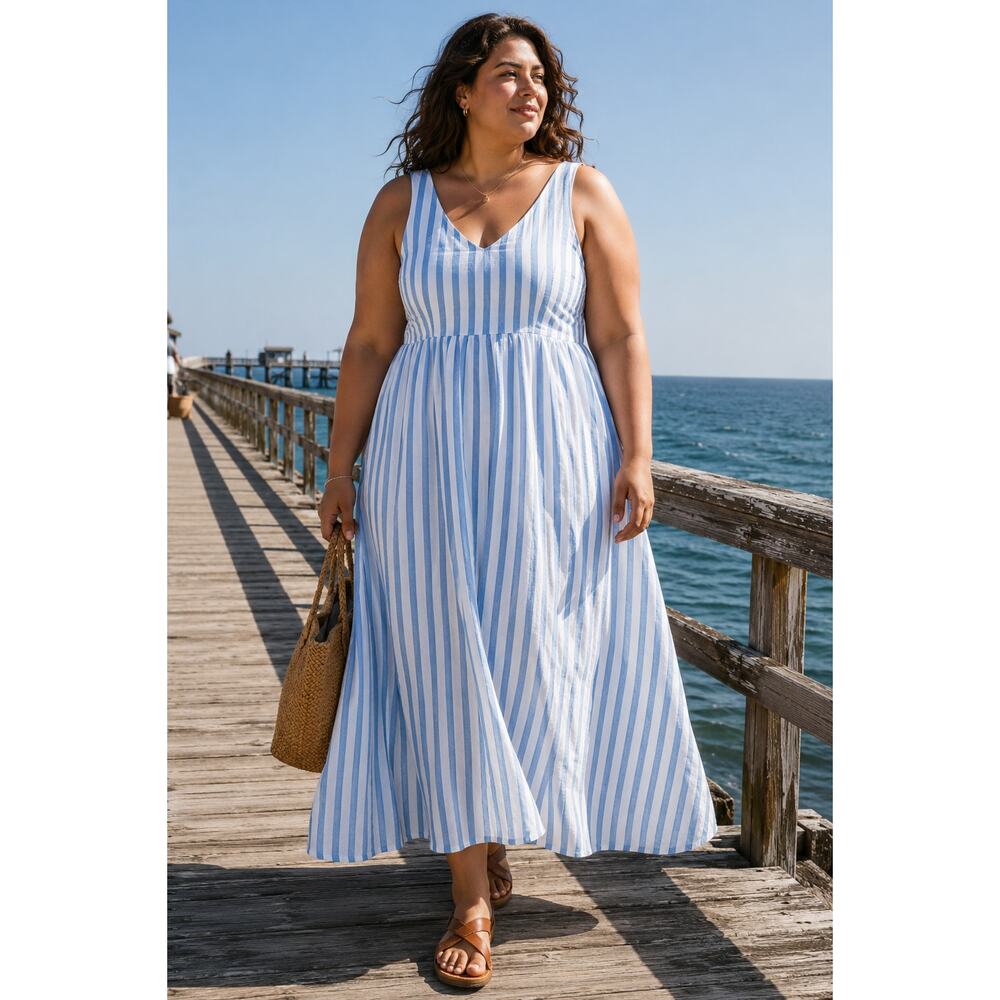 Old Navy Blue White Striped Coastal Maxi Dress XXL Linen Blend Summer Dress